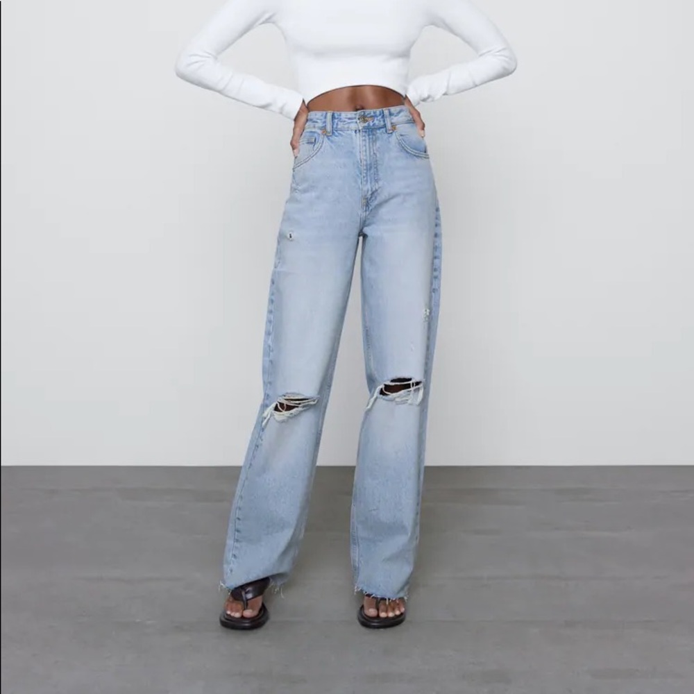 Zara “Wide Leg Full Length Ripped Jeans”